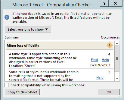 Compatibility Checker showing minor loss of fidelity issues