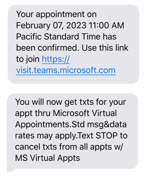 Virtual appointment confirmation text message