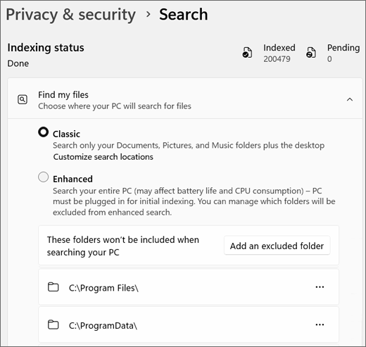 Screenshot showing Windows Search Settings.