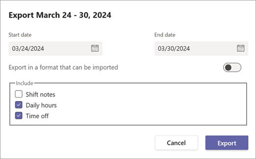Screenshot of export options in Shifts, showing shift notes, daily hours, and time off options.