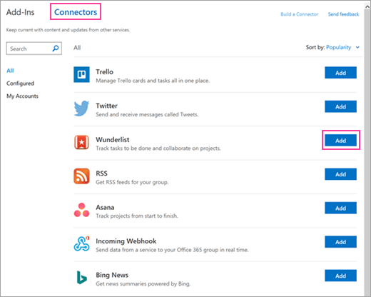 A screenshot of available connected services in Outlook 2016