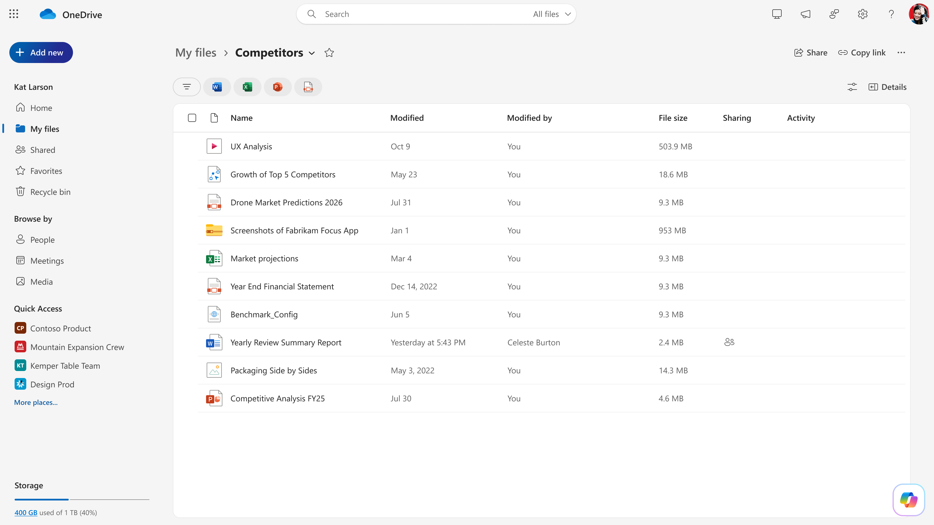 Copilot button in OneDrive