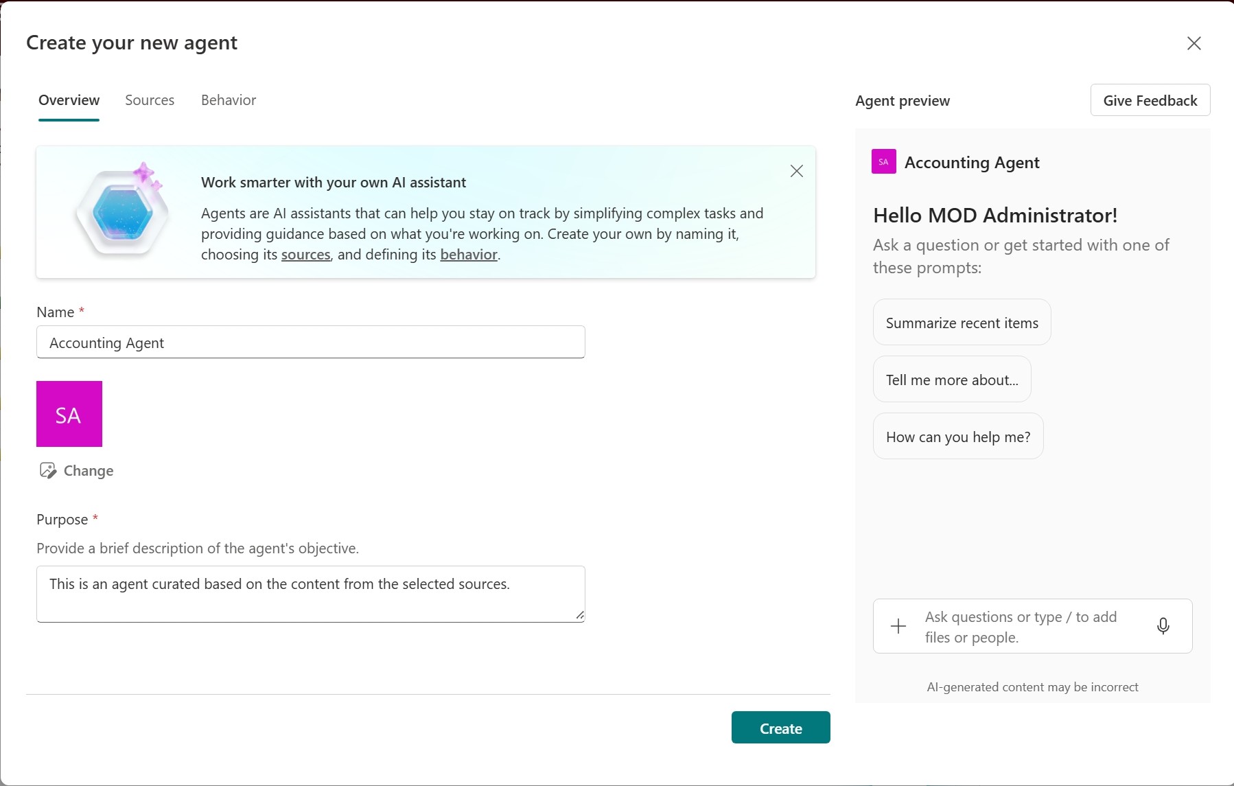 Screenshot showing the SharePoint agent builder when creating a new agent.