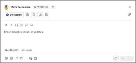 Text input box labeled My storyline and a Discussion button, formatting options, and placeholders for sharing, adding people, and posting.