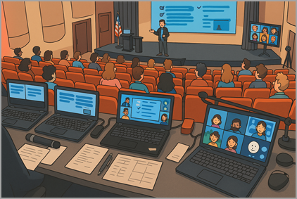 Illustration of an event in an auditorium with a presenter speaking on stage, people in the audience, and remote attendees.
