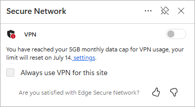 screenshot of Edge secure network data limit refresh