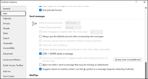 Outlook option disabled settings