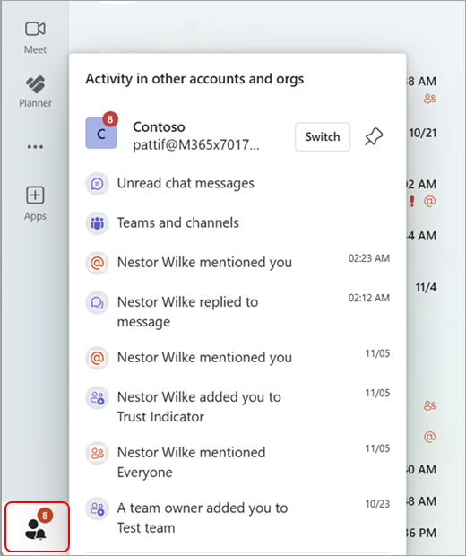 Screenshot showing Teams activity across multiple accounts and orgs.