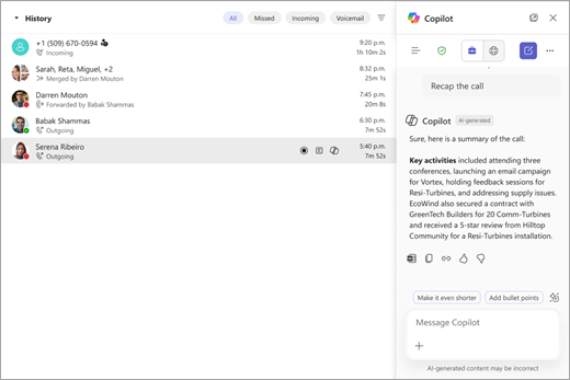 Screenshot showing AI-generated summary of a Teams call.