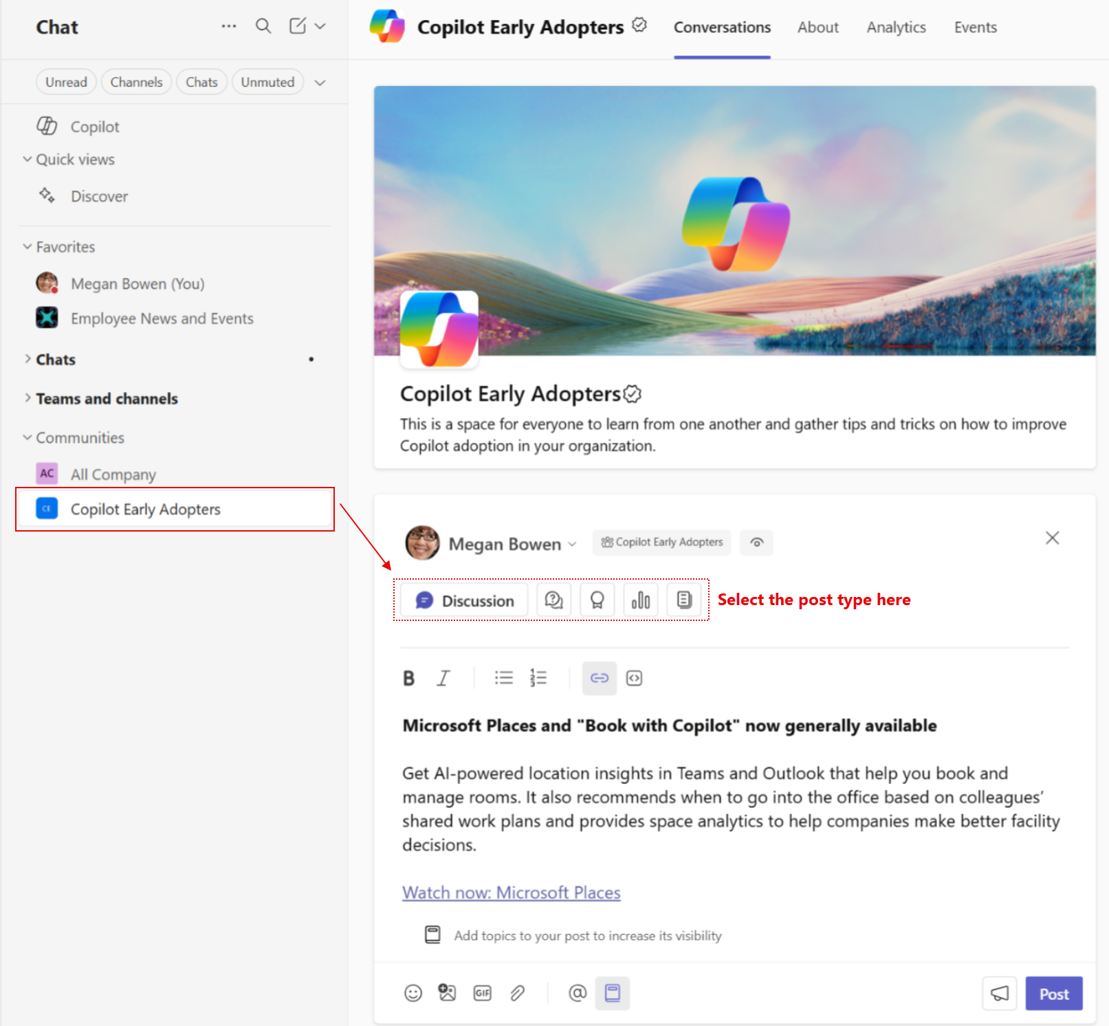 Screen cap that illustrates what making a new Engage community post looks like in Teams