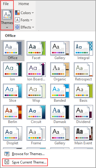 Theme gallery accessed from Theme button