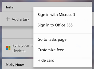 Screenshot showing the option to Sign in with Microsoft or Office 365 in the more Tasks card more menu