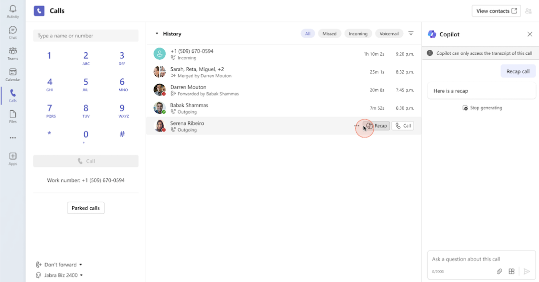 Recap a Teams call to interact with Copilot