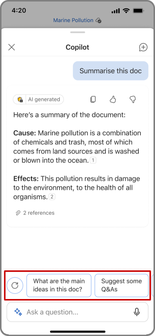Screenshot of Copilot in Word on iOS device with summary result and suggested questions highlighted