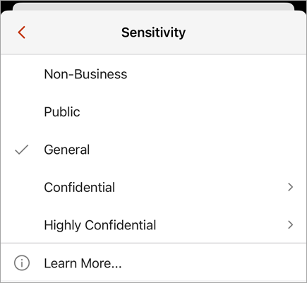 Screenshot of the sensitivity menu showing available sensitivity labels.