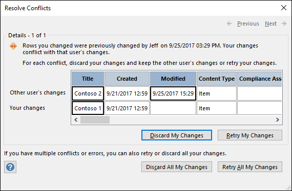 Use the options available on the Resolve Conflicts dialog box to resolve data conflicts.
