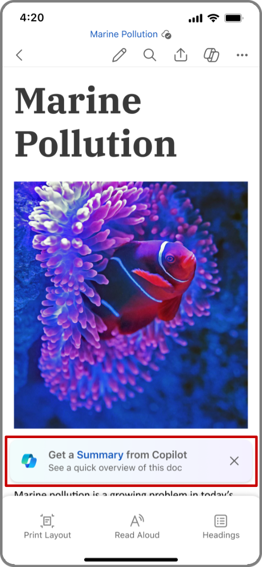 Screenshot of Copilot in Word on iOS device with the Get Summary prompt nudge highlighted
