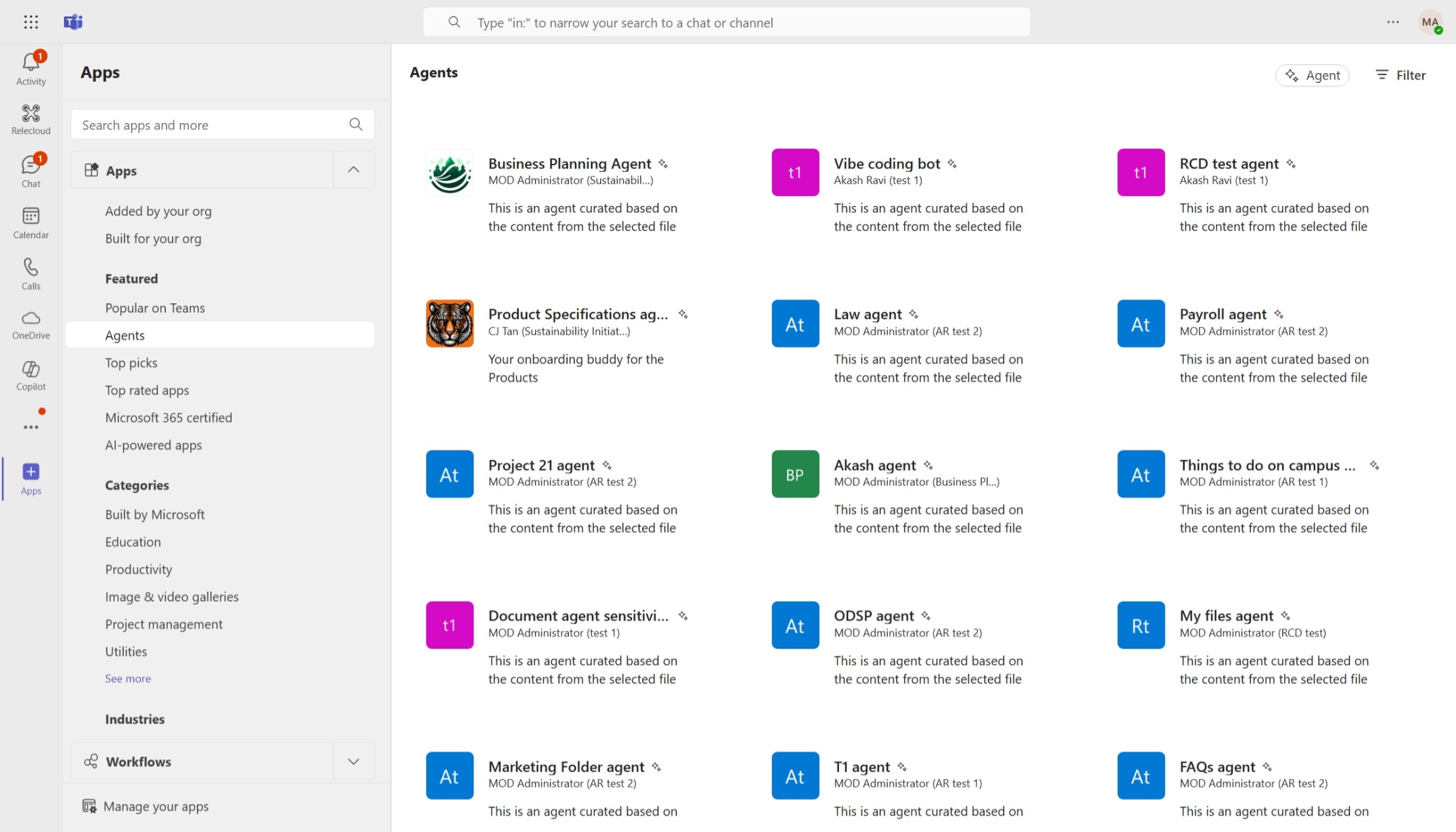 List of most recently used SharePoint agents in Teams app store