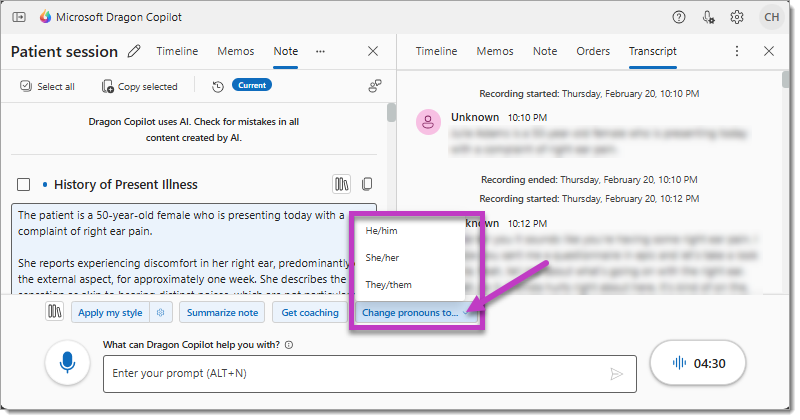 The "Change pronouns to" menu button and available options.