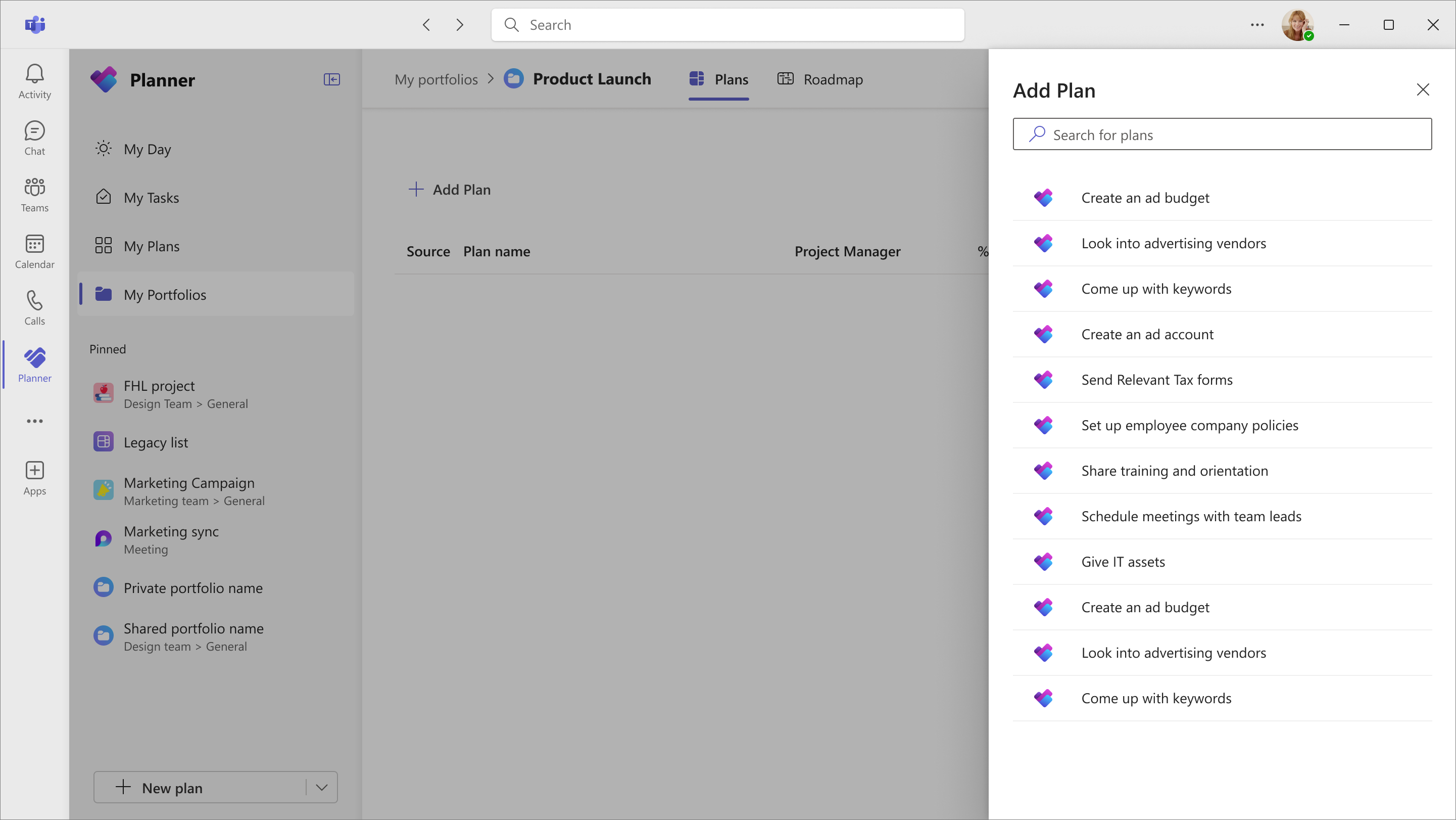 A screenshot of Planner in Teams displaying the Plans view for My Portfolios with the Add Plan pane open to the right.
