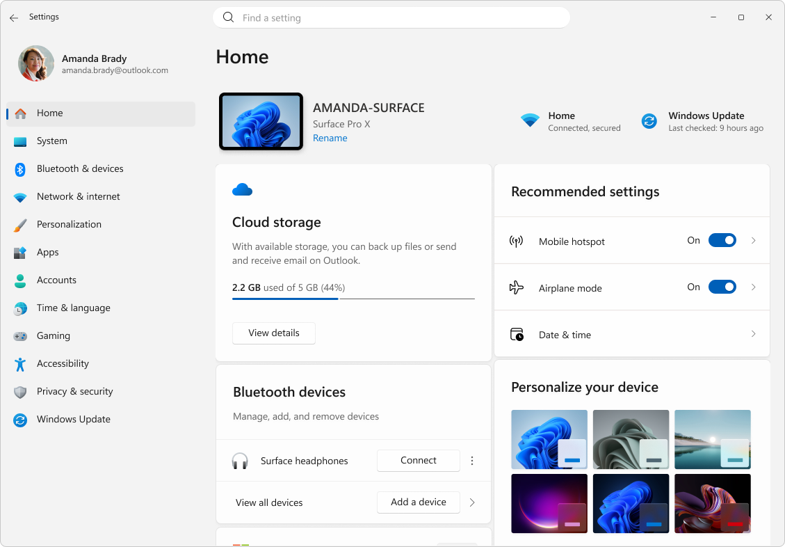 Screenshot of Settings - Home page.