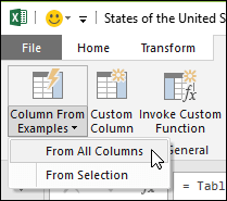 Power Query combine columns with example option on teh Add Column tab