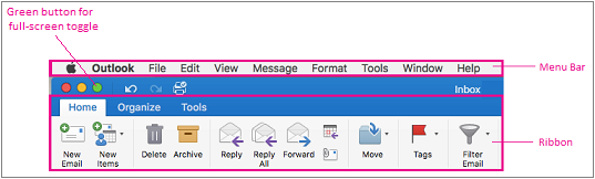 Menu bar in Outlook 2016 for Mac