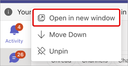 Screenshot showing how to pop out a Teams app into a new window.