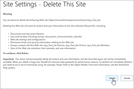 Delete site warning and confirmation screen