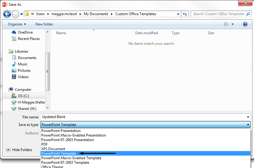 In the "Save as type" box, choose PowerPoint Template.