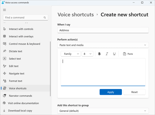 Create new shortcut page with the a shortcut titled "Address." The action type is selected as Paste text and media. An edit box to type the address opens after selecting the action type as paste text and media.