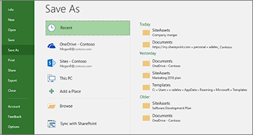 Save As page with Recent selected