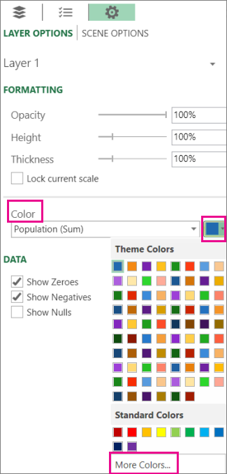 Color downdown on the Settigns Layer Options tab