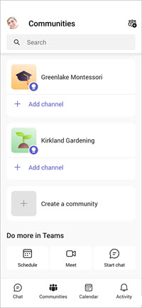 Teams free communities mobile screen