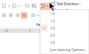 The Line Spacing menu options on the ribbon let you select single-space, double-space, or other vertical line spacing options.