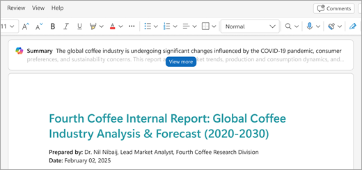 Shows a Word for the Web document open, with a collapsed summary at the top, above the text of the document.