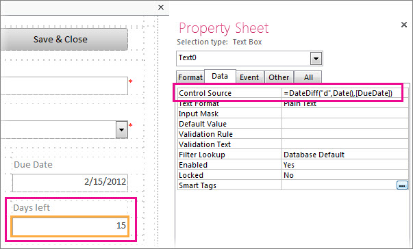 Entering the DateDiff function in the Control Source property of a text box.