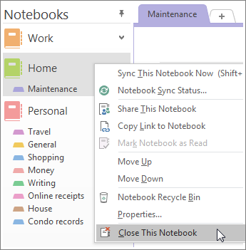 Screenshot of how to close a notebook in OneNote 2016.