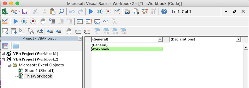 VBE Editor showing object selection dropdown list