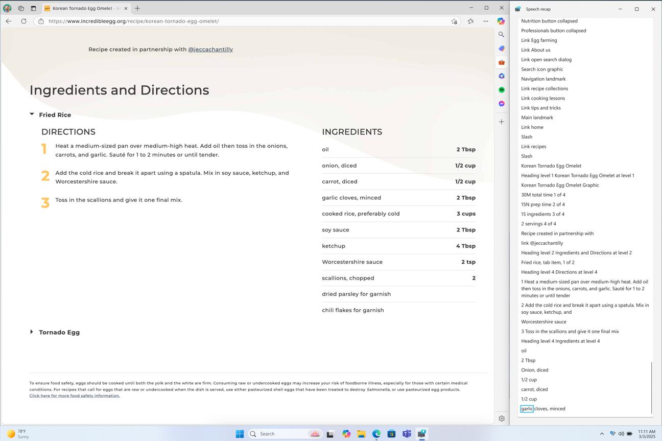 Narrator's speech recap window snapped on the right corner of the screen showing real-time transcription of Narrator's speech.
