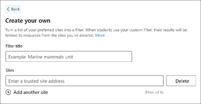 Screenshot of creating a custom filter. The examle filter title says "marine mammals unit" and there is open space below to enter your own preferred sites.