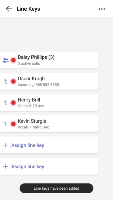Screenshot showing a shared line that’s been assigned to a line key, the members of the shared line, and their call status.