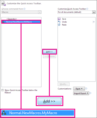 The macro and the Add button