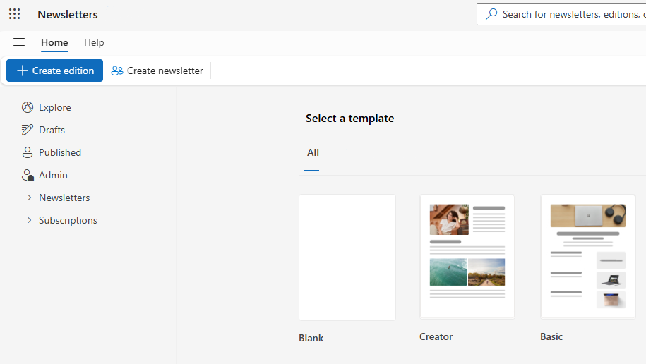 Screenshot of Outlook Newsletters user interface showing the select a template view.