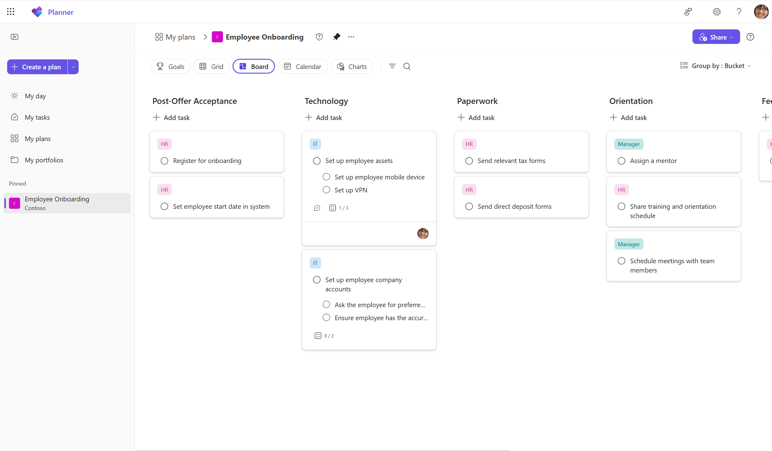 A screenshot of a plan in Planner in Teams shows the Board view of a team’s tasks organized into buckets for Scope, Analysis/Requirements, Design, and Development.