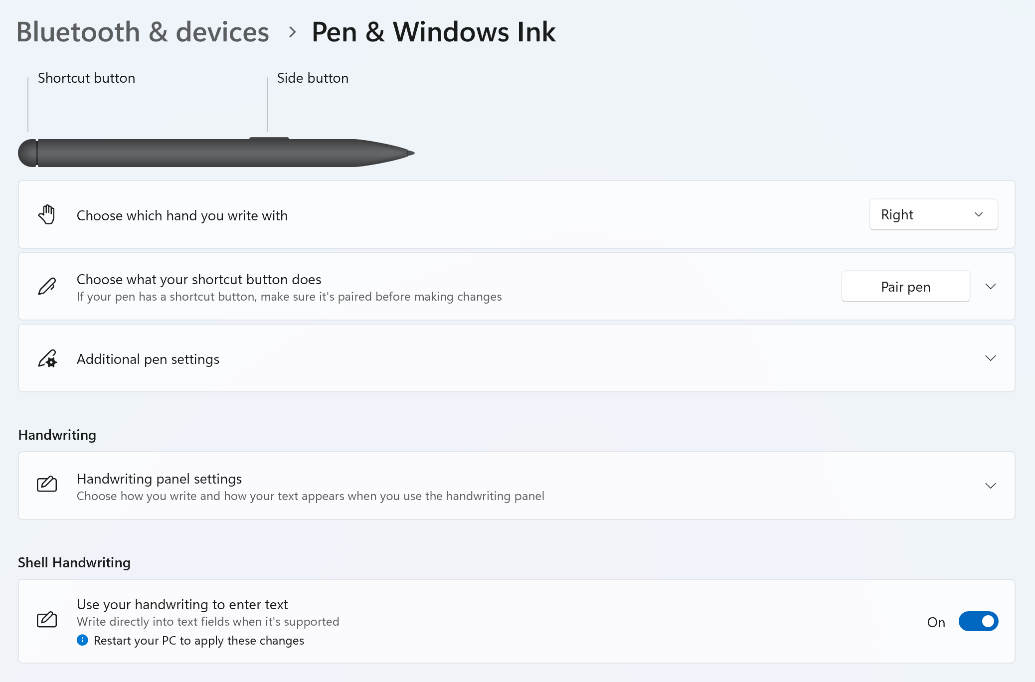 A screenshot of the Pen and Windows Ink page in the Windows Settings app.
