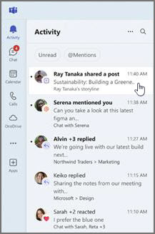 Activity feed with recent posts and meeting notes with reactions. The feed includes navigation and filter tabs.