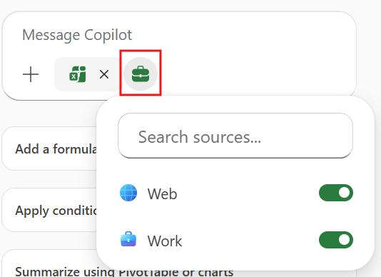 Select which sources you want Copilot to have available in chat.