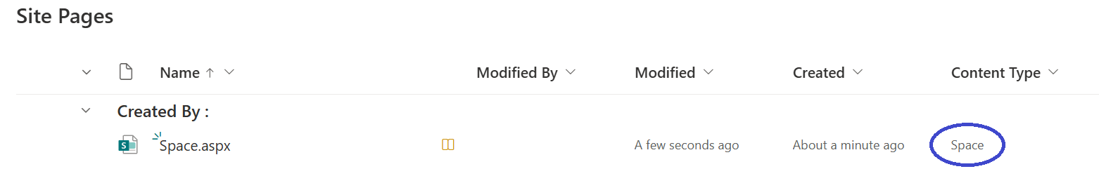 Identify SharePoint spaces by navigating to the Pages library of the site and looking for files with the Content Type "Space"