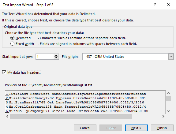 Excel Get External Data from Text, Text Import Wizard, Step 1 of 3